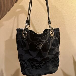 Coach Alex Signature Black Canvas 14449 Zipper Bucket Tote Shoulder Bag